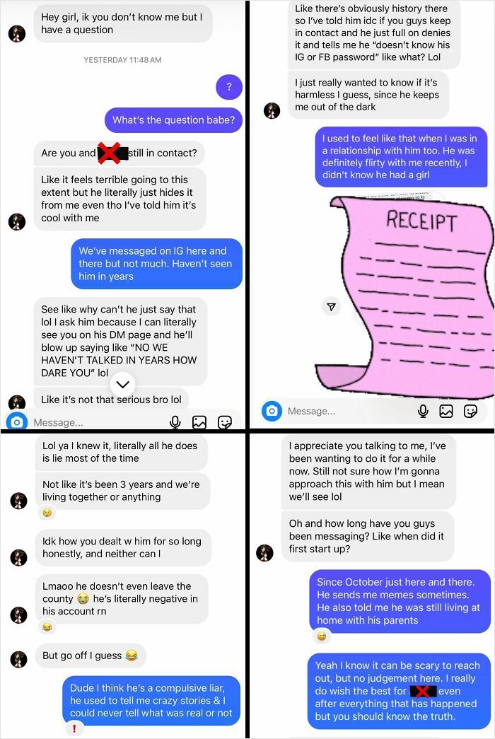 Cheating stories text message about lies and hiding contact on social media chat