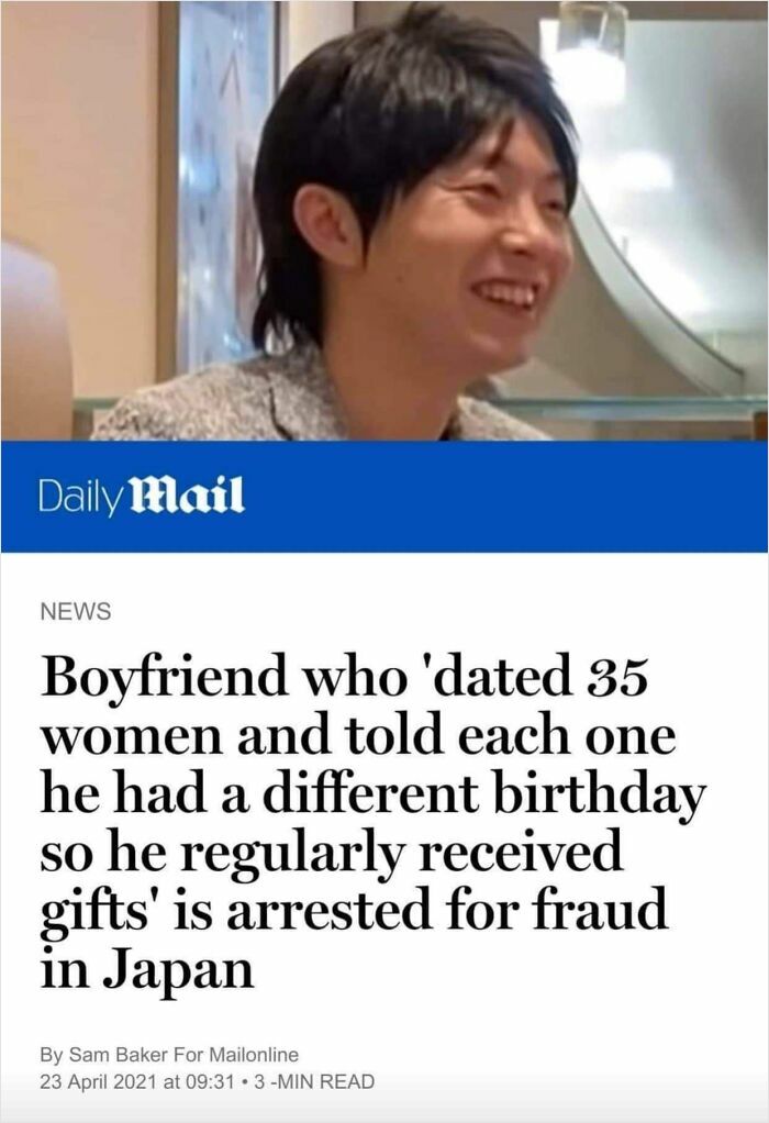 News headline about a boyfriend in Japan arrested for dating 35 women and cheating