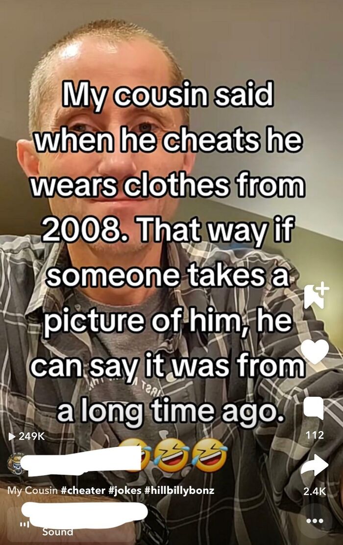Man with text explaining cousin's cheating method wearing old clothes to confuse pictures