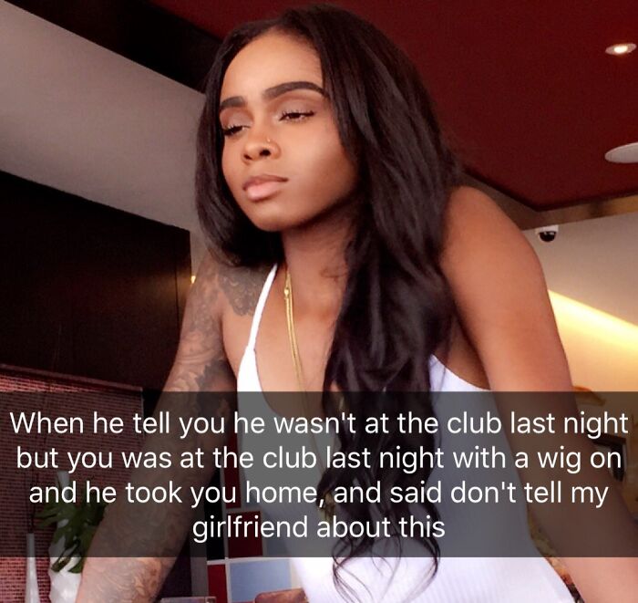 Woman with long hair and text about being lied to about clubbing and cheating