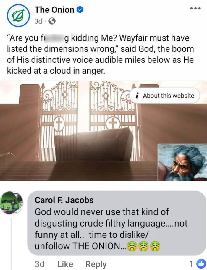 Satirical Onion post about God reacting to Wayfair dimensions sparks comments