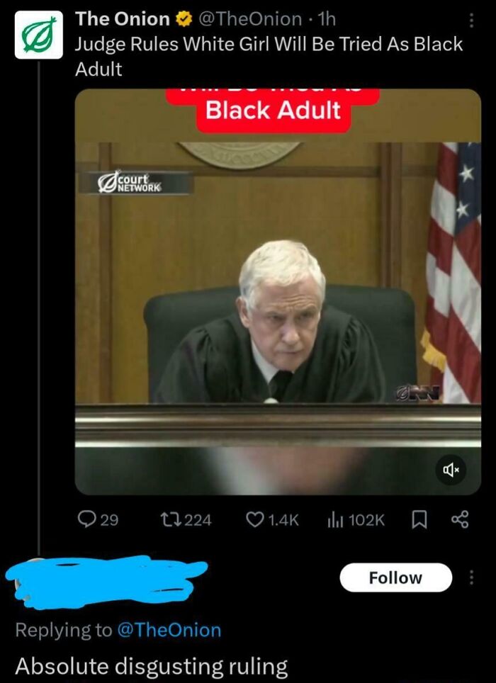 Satirical Onion headline about judge ruling white girl to be tried as black adult in court