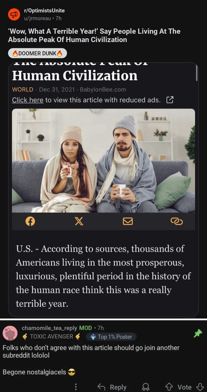 Satirical headline about terrible year from peak human civilization with photo of cold couple