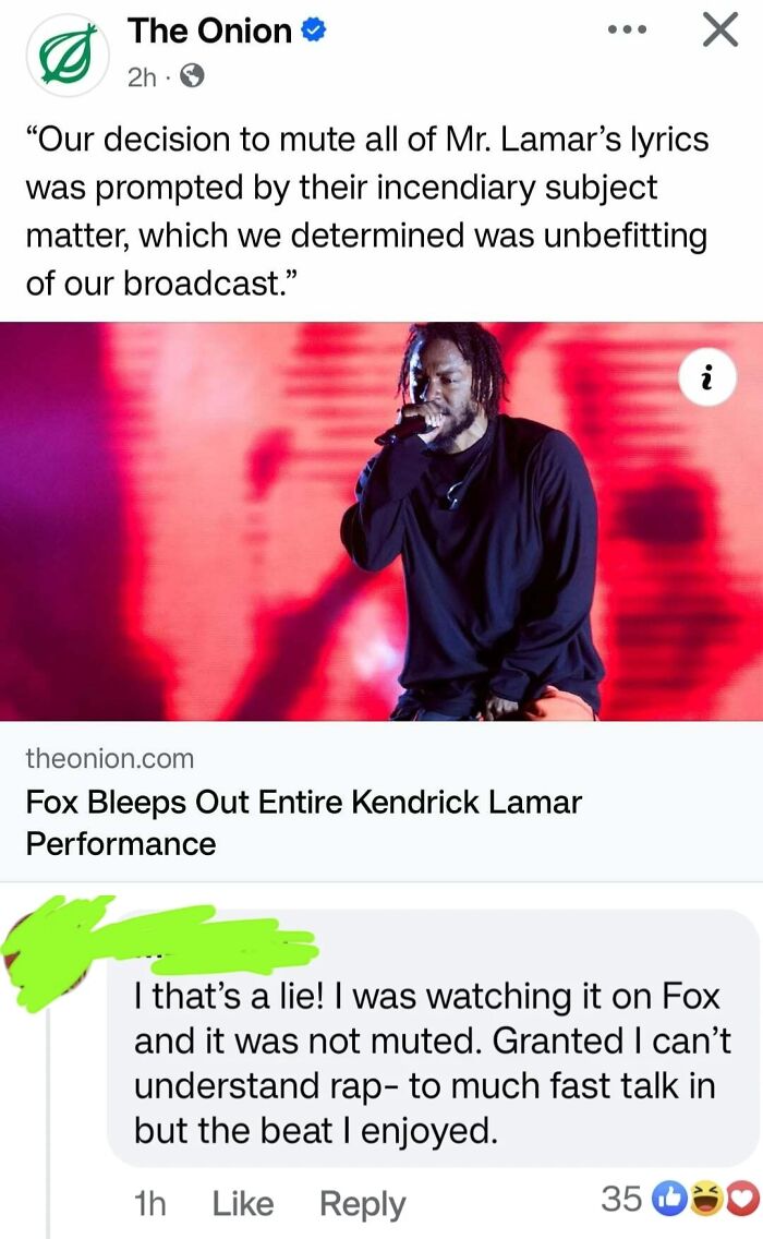 Satirical Onion post about Fox bleeping out entire Kendrick Lamar performance