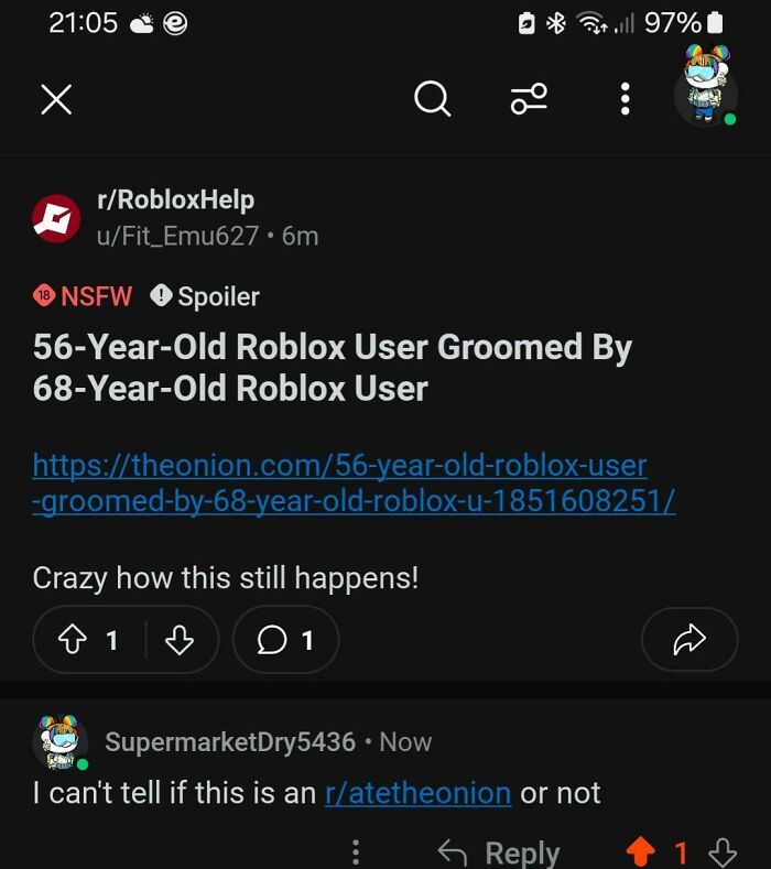 Fake Onion news about Roblox user grooming controversy shared on Reddit