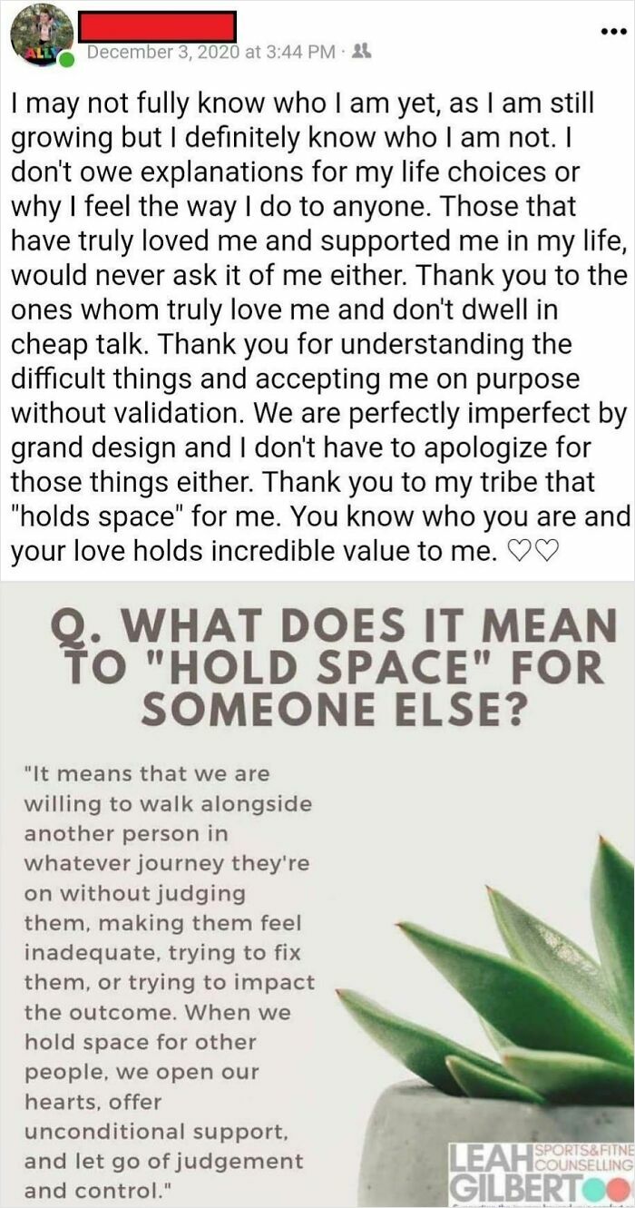 Holding space means supporting others without judgment or control in personal growth journeys