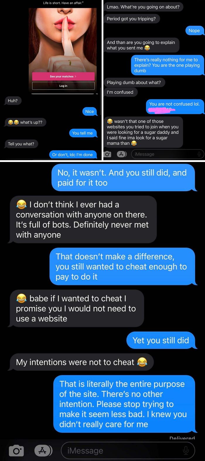 Cheating stories with dating app message and text argument about paying for cheating website