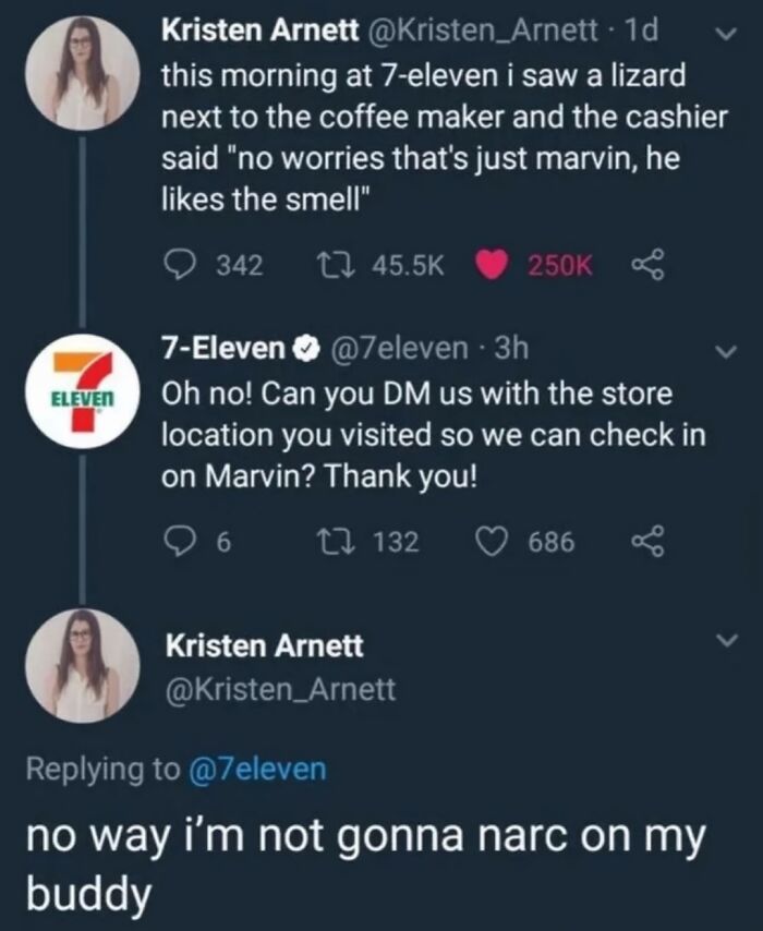 A funny Twitter exchange between Kristen Arnett and 7-Eleven about a lizard named Marvin, bringing positivity and good vibes.
