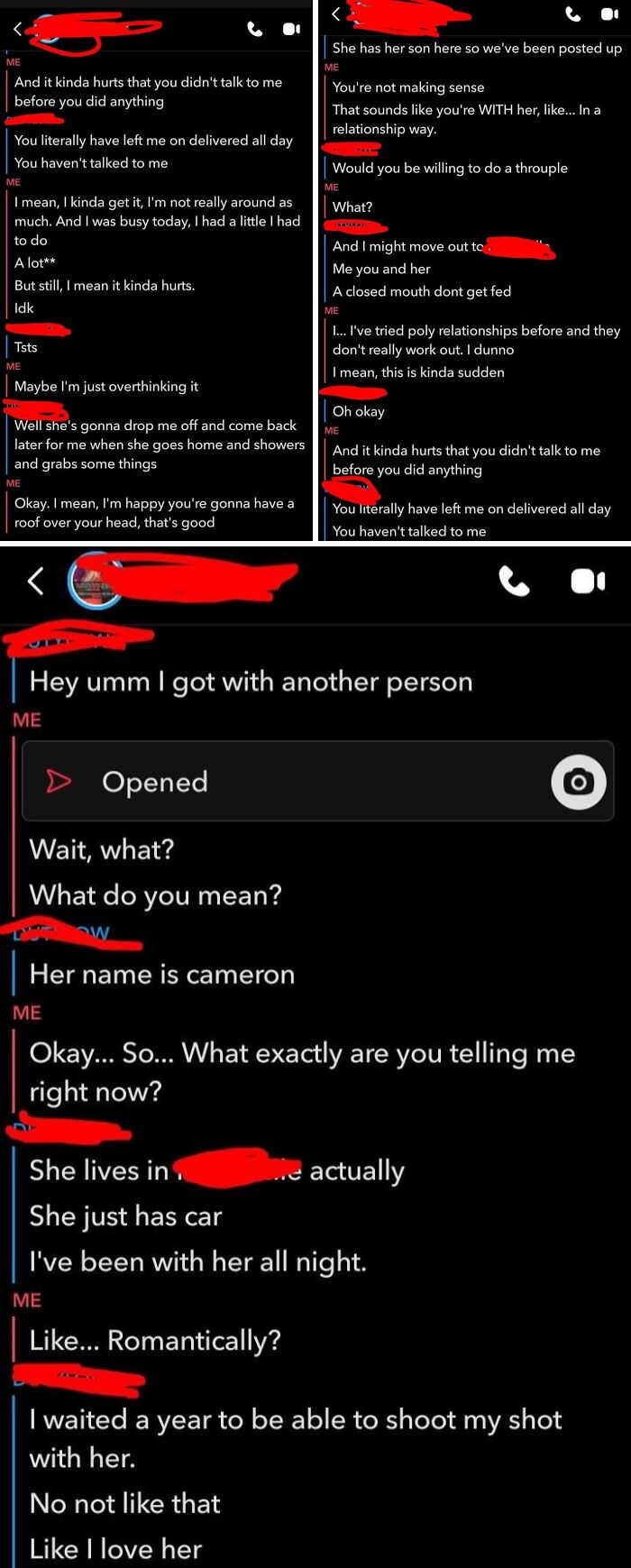 Chat messages discussing cheating, throuple suggestion, and relationship hurt