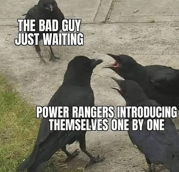 Crow meme about bad guy and Power Rangers introducing themselves