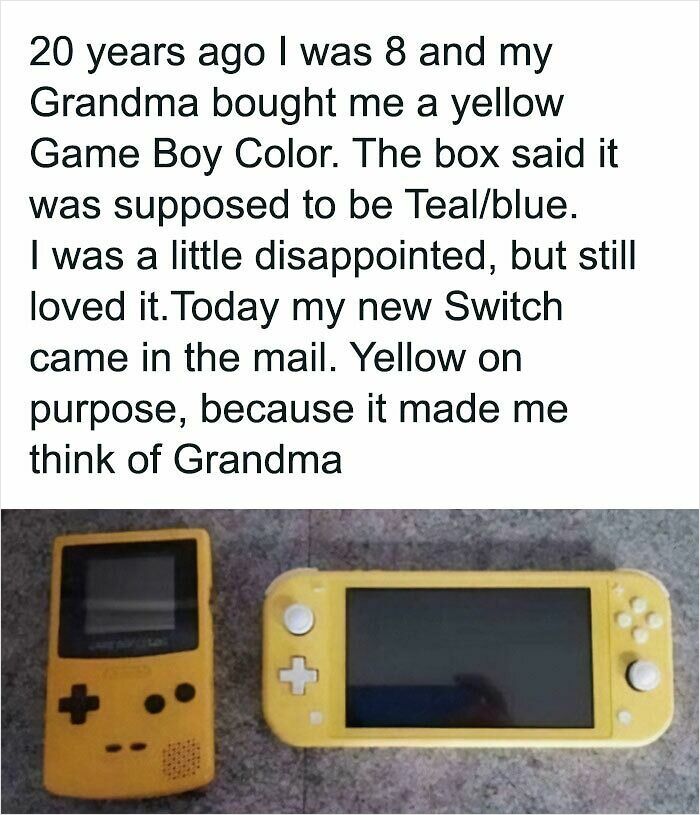A yellow Game Boy Color and a yellow Nintendo Switch Lite, illustrating a heartwarming story for soul-healing posts.