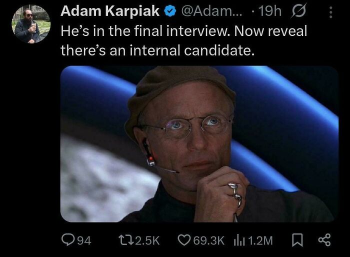 Adam Karpiak tweet with a man in an interview, captioning, He's in the final interview, about recruiting hell.