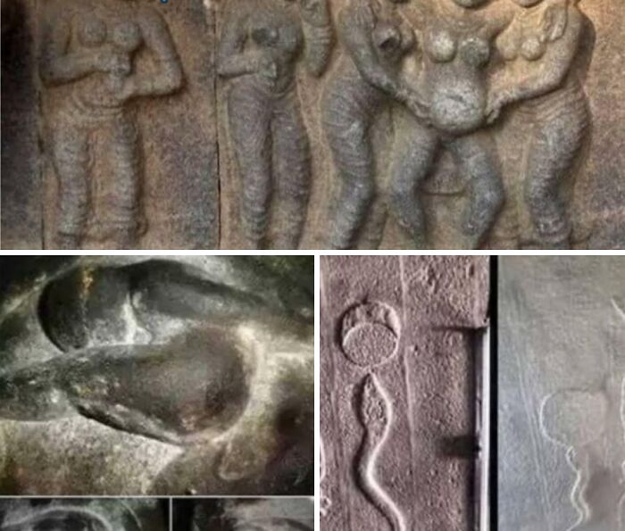 Collage of ancient carvings: figures, symbols, and strange designs, evoking high strangeness and rabbit hole speculation.