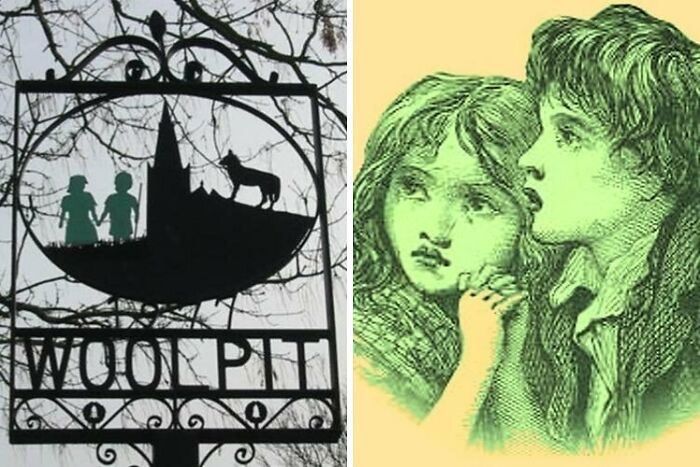 A village sign with children and a church, next to an illustration of two concerned children. High strangeness.