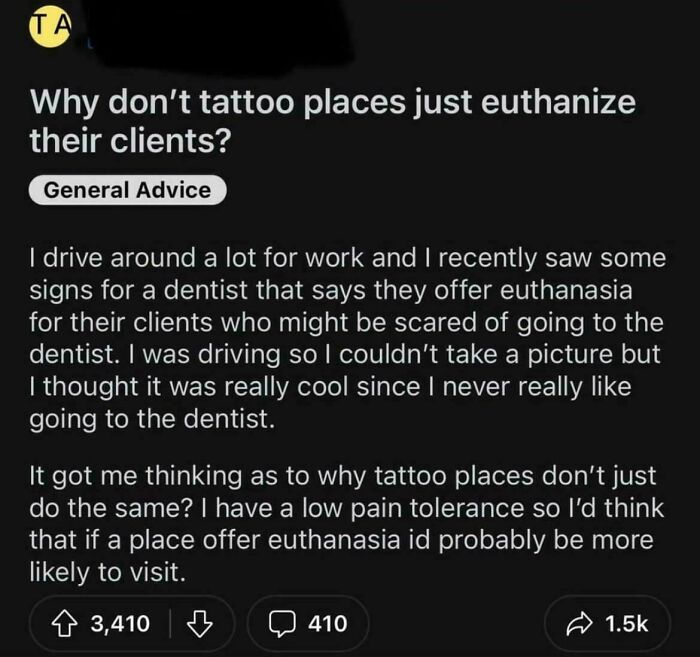 Confused post asks why tattoo places don't offer euthanasia for clients