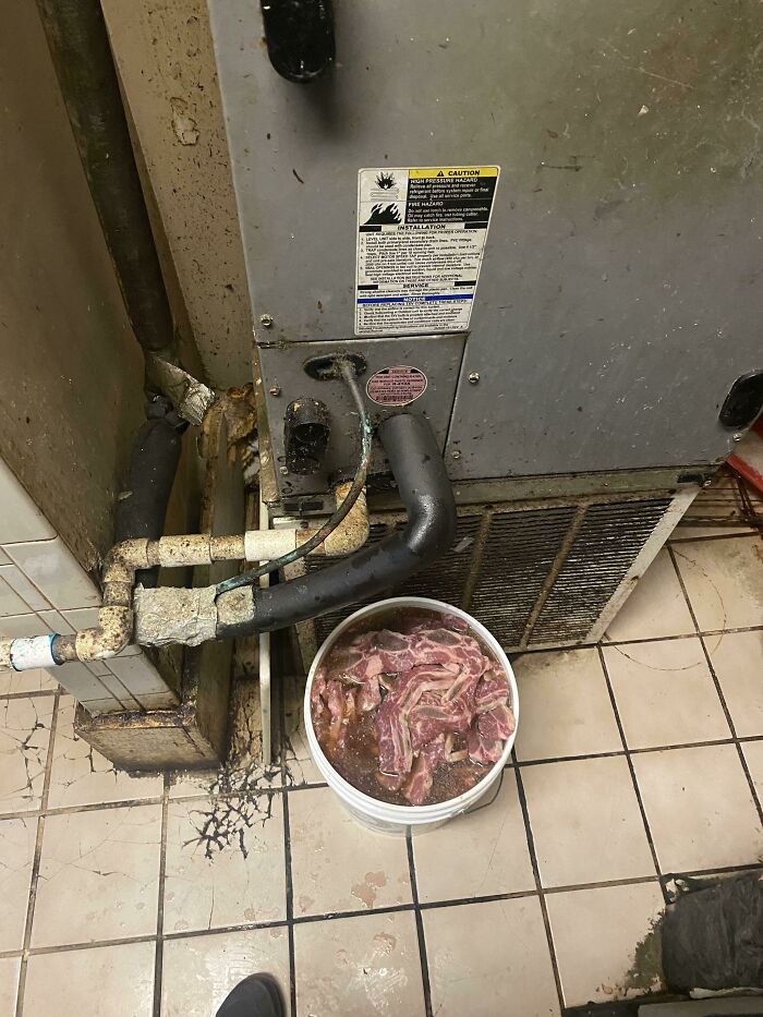 Raw meat soaking in a bucket beneath dirty restaurant equipment