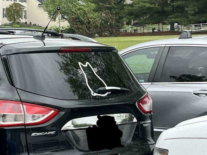 Car with creative cat decal on rear window incorporating wiper as tail