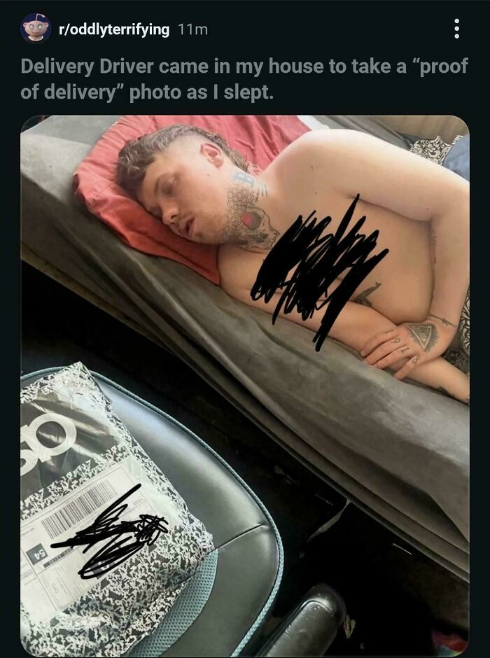 Delivery driver takes proof of delivery photo while customer sleeps in bed