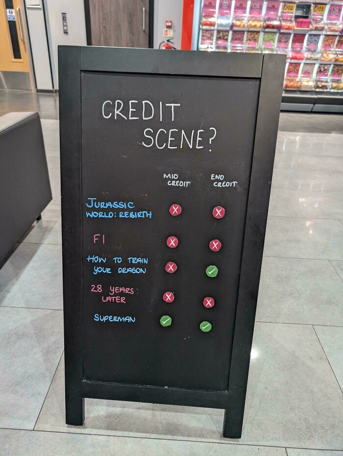 Chalkboard sign showing movie credit scenes with marks for mid and end credits