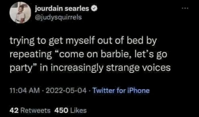 Tweet about trying to get out of bed using strange voices with Barbie party phrase