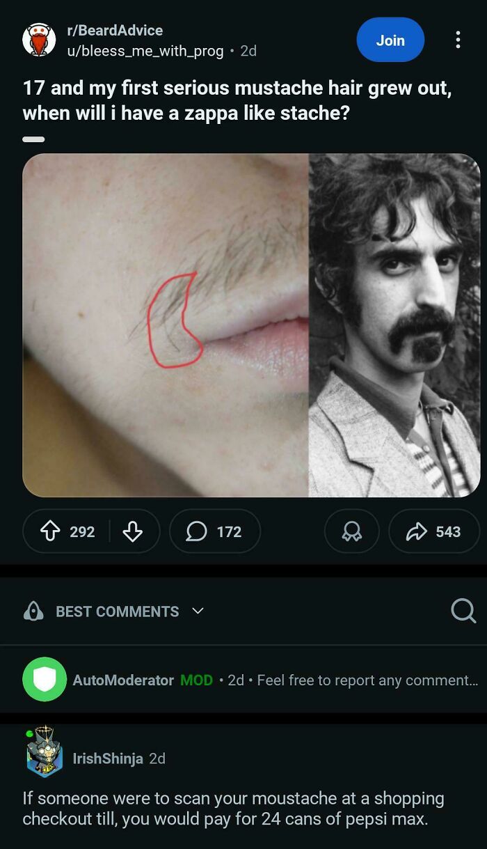 Humorous Reddit post about a teen's mustache and Frank Zappa style
