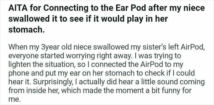Funny online post about connecting AirPod to niece's stomach after she swallowed it