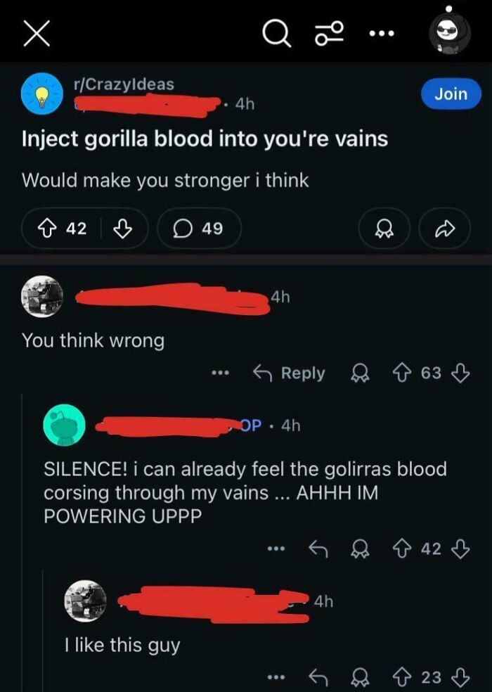 Humorous Reddit thread about injecting gorilla blood into veins to gain strength