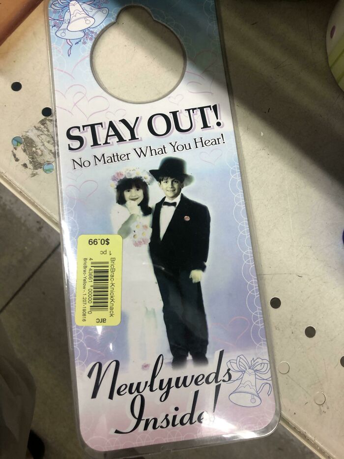 Absurd secondhand newlywed door hanger sign stay out prank