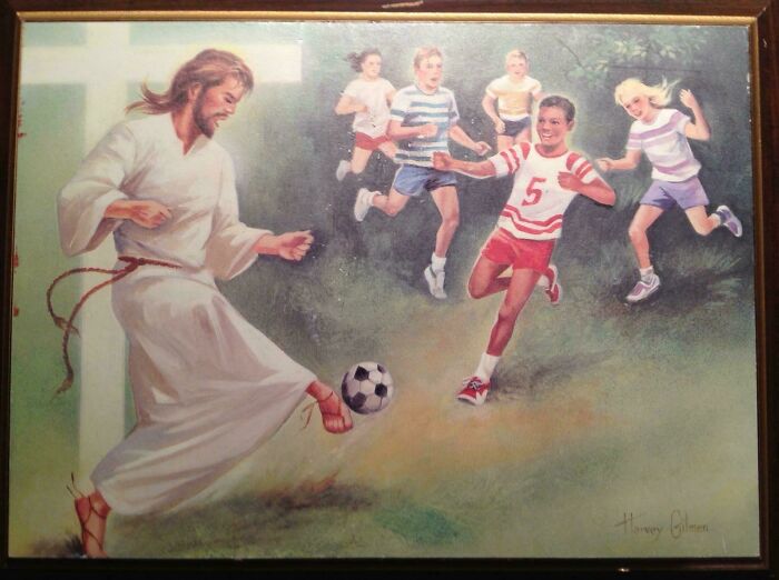 Painting depicting Jesus playing soccer with children outdoors