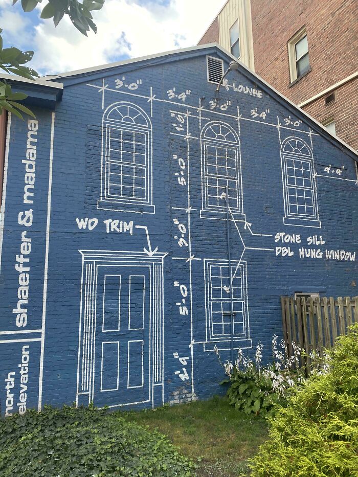 Blueprint mural on blue wall showing architectural window and door measurements