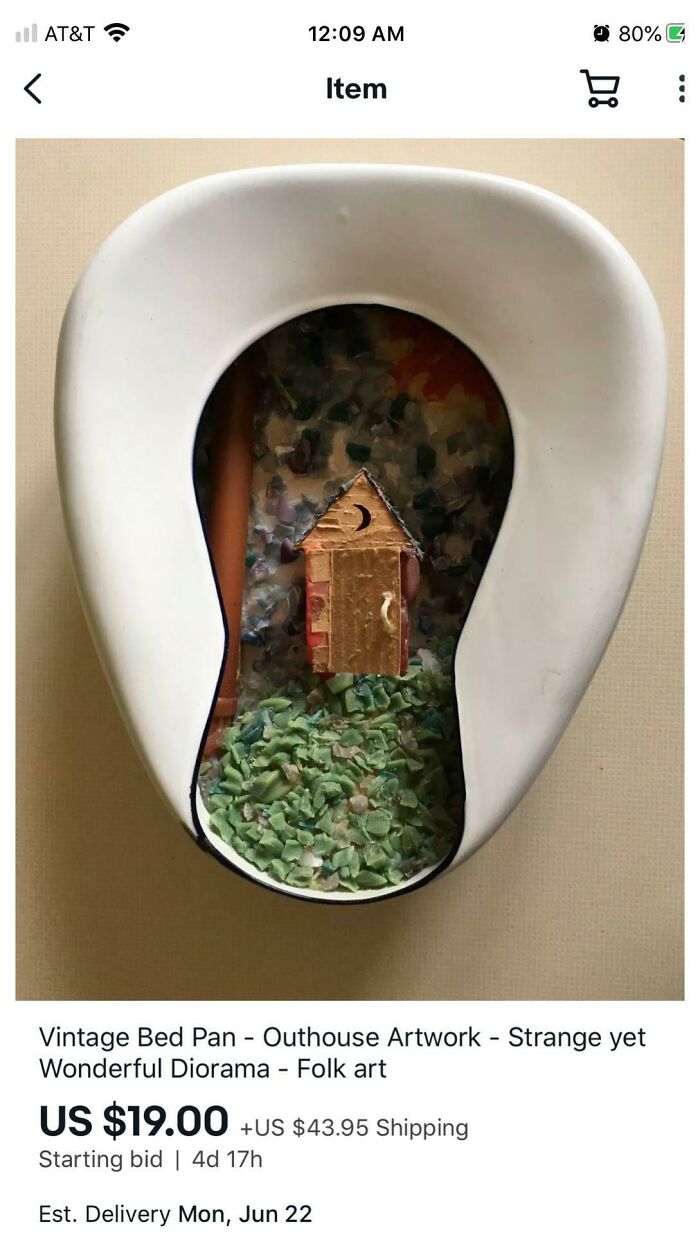 Vintage bedpan repurposed as folk art diorama with outhouse scene