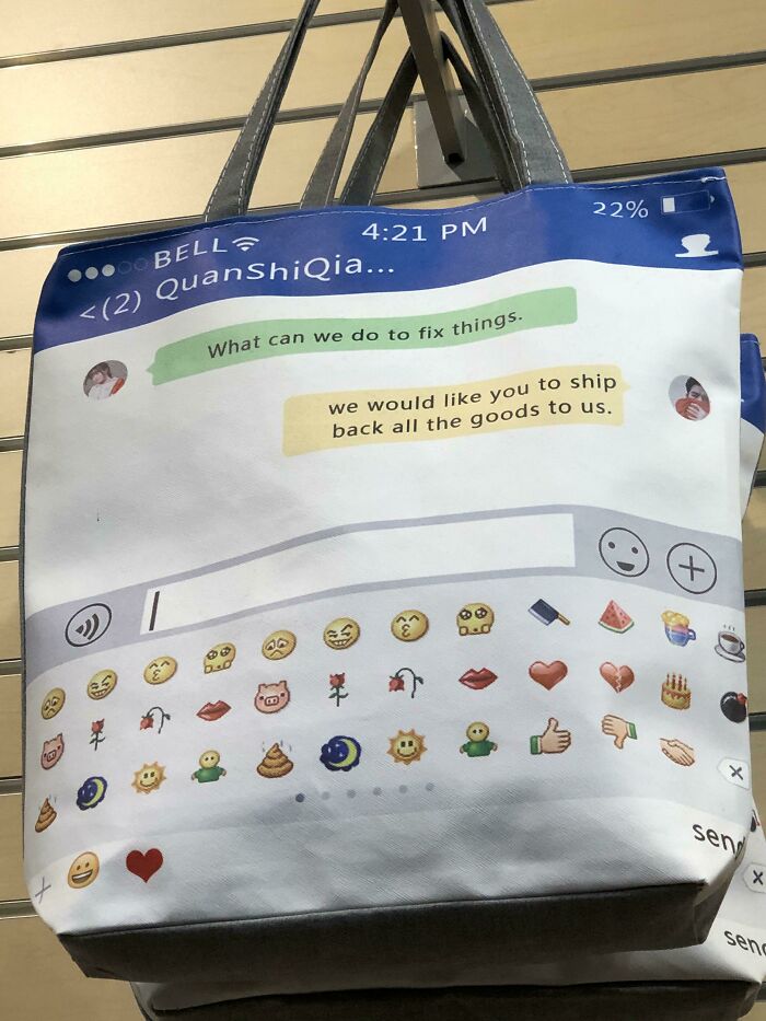 Tote bag with a printed text message conversation and emoji keyboard design