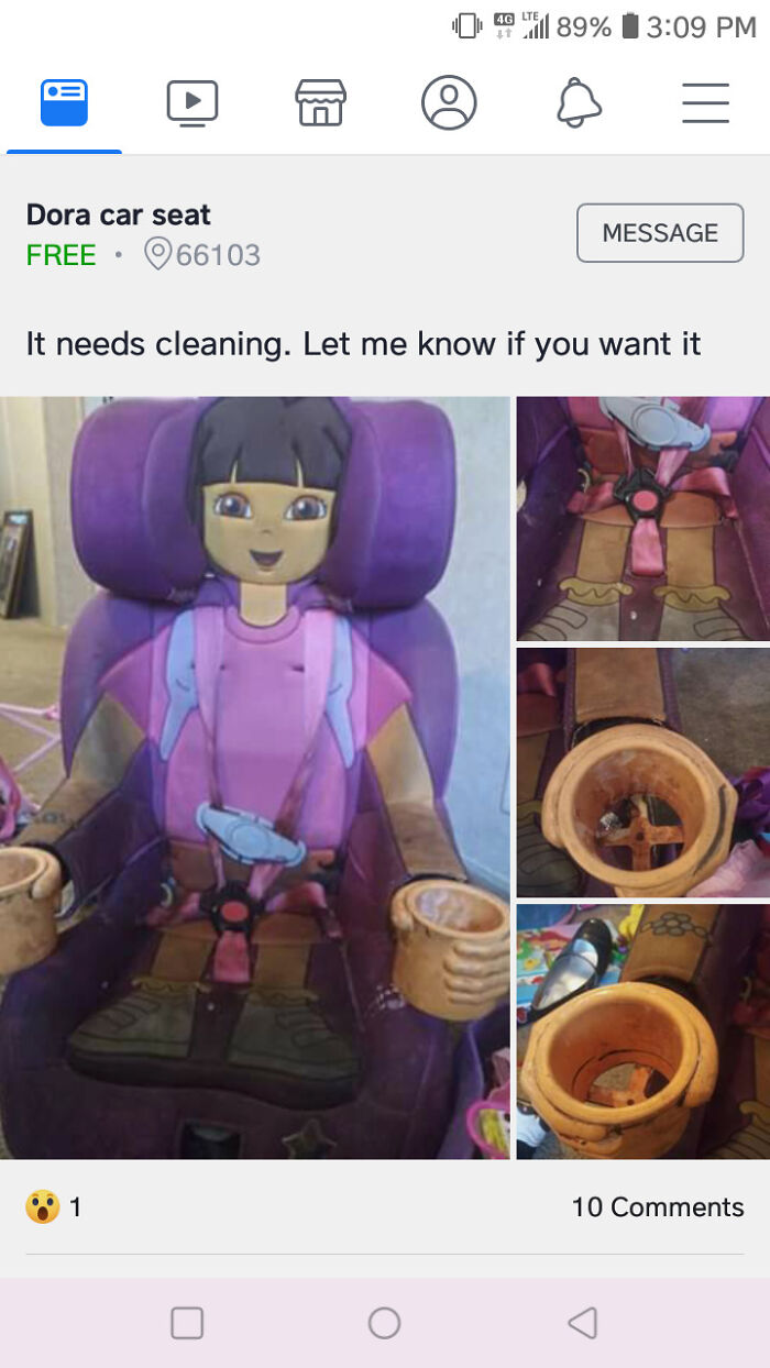 Dora themed car seat with worn cup holders needing cleaning secondhand find