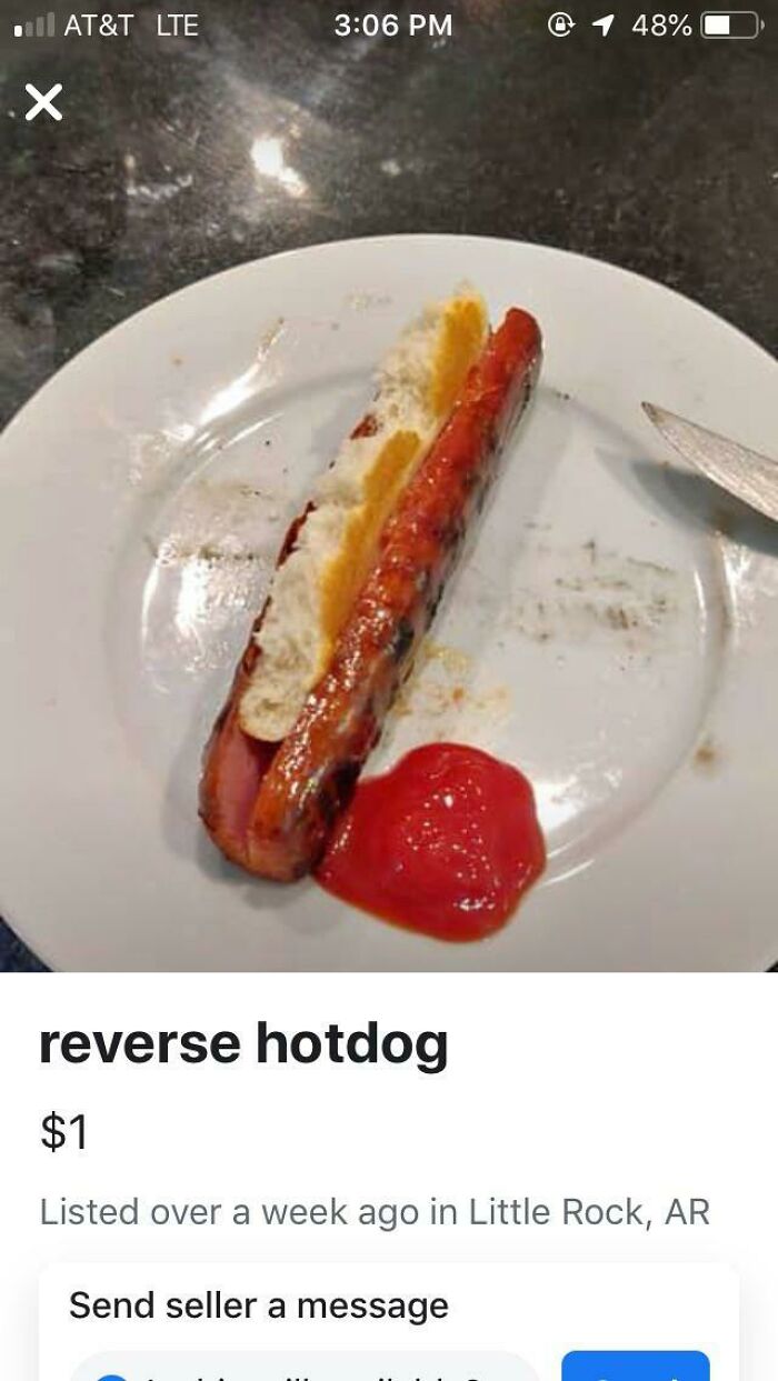Reverse hotdog with bun placed on top and ketchup on plate secondhand find