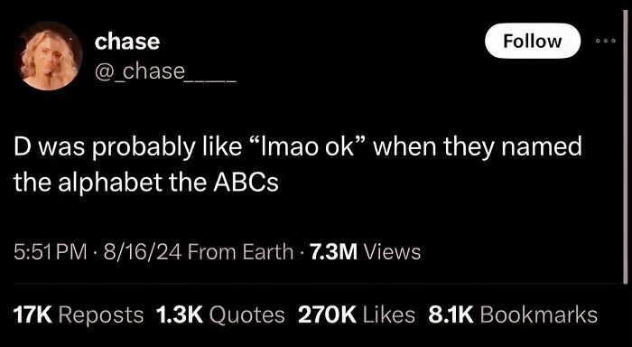 Tweet joking about the letter D's reaction to naming the alphabet
