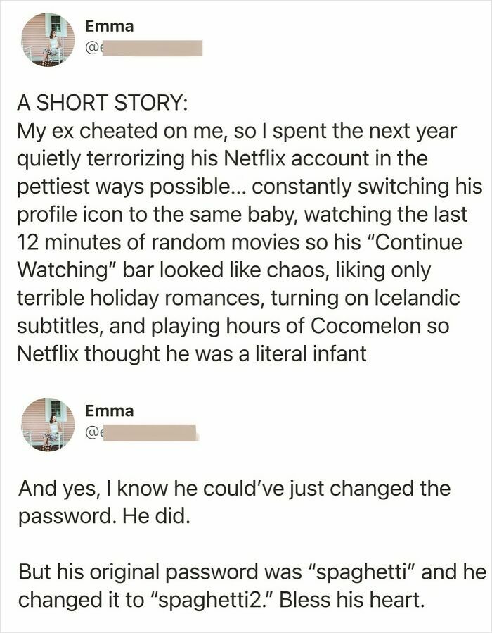 Funny tweet about petty revenge on an ex's Netflix account