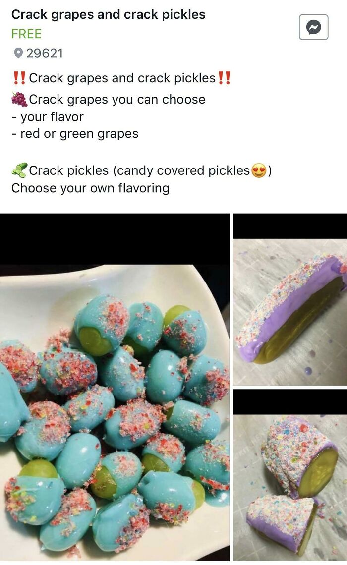 Absurd secondhand crack grapes and candy covered crack pickles on a plate