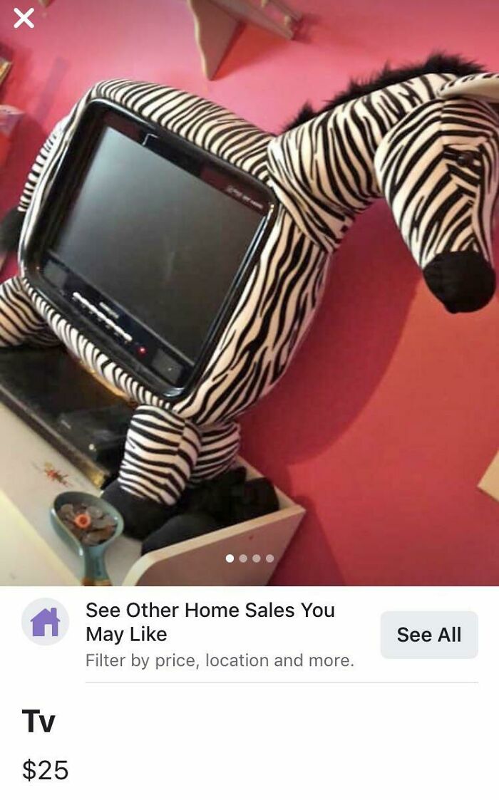 Zebra-shaped vintage TV secondhand find with screen in the zebra's body