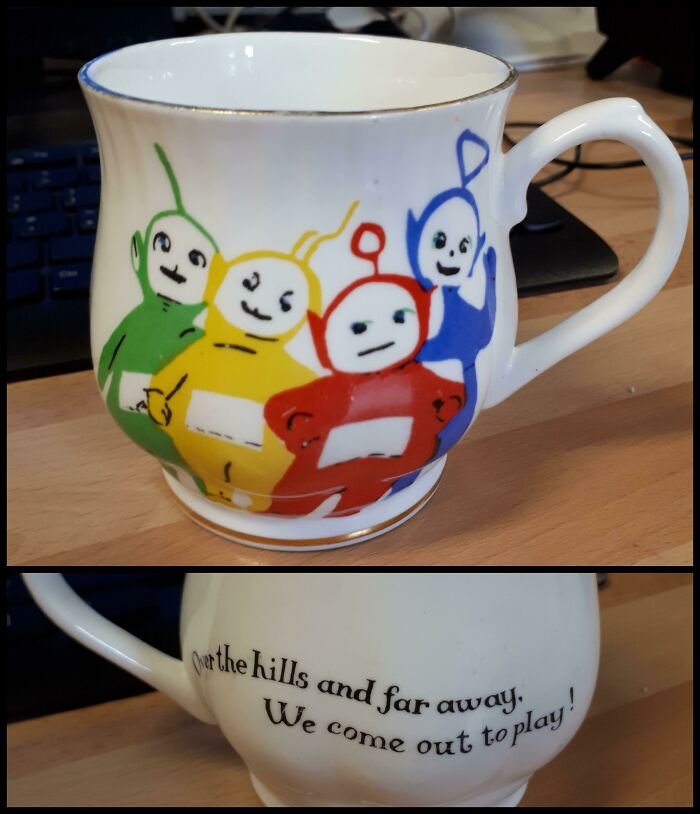 Vintage secondhand Teletubbies mug with colorful characters and a playful quote