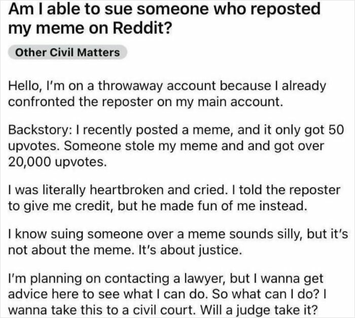 User asking about suing someone for reposting a meme on Reddit
