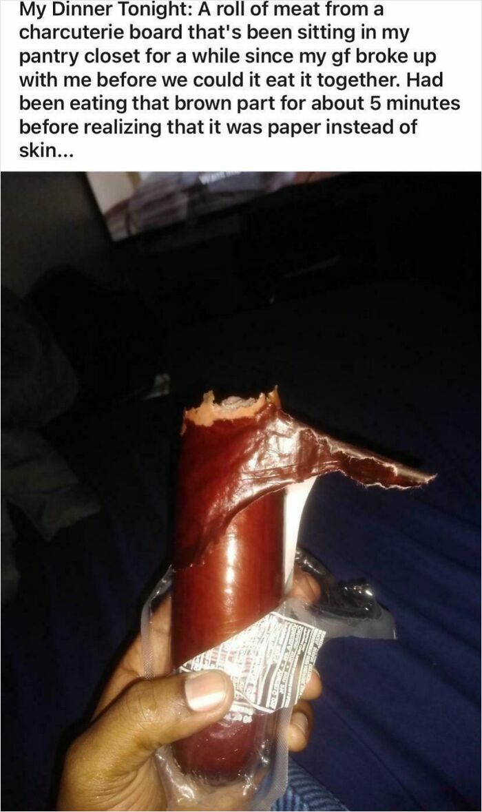 Person holding roll of meat mistaken for charcuterie board skin