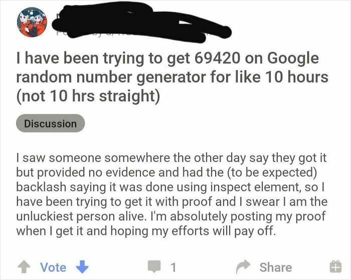 User shares failed attempts to get specific number from Google generator
