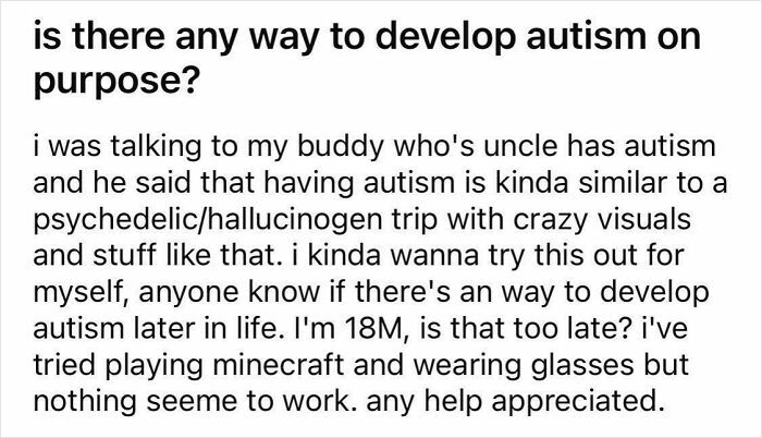 Funny dumb online post asking if autism can be developed on purpose