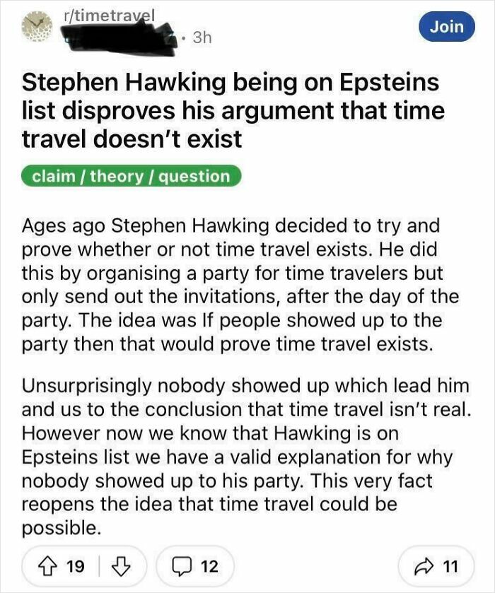 Reddit post claiming Stephen Hawking on Epstein's list proves time travel is real