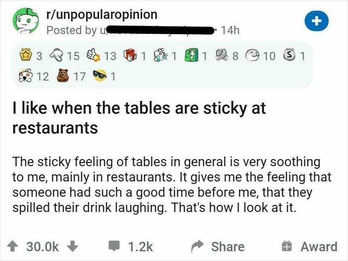 Reddit opinion post liking sticky tables at restaurants for nostalgic reason