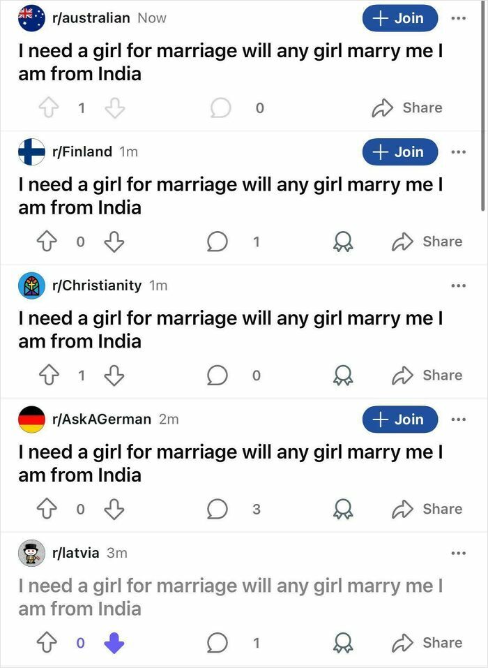 Repeated dumb marriage requests from India on multiple subreddits