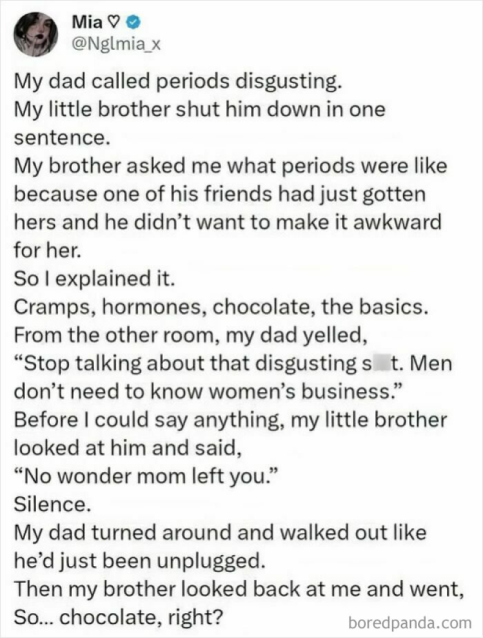 Twitter story about periods and family dynamics illustrating strange and horrible world