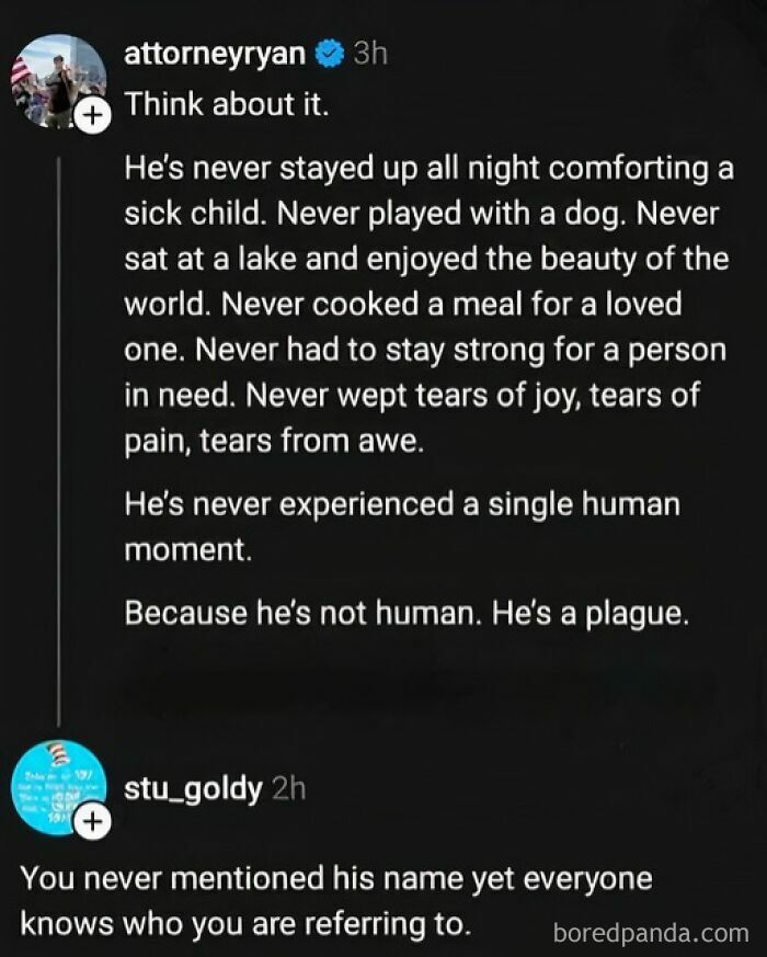 Tweet calling someone a plague for lacking human experiences in strange and horrible world