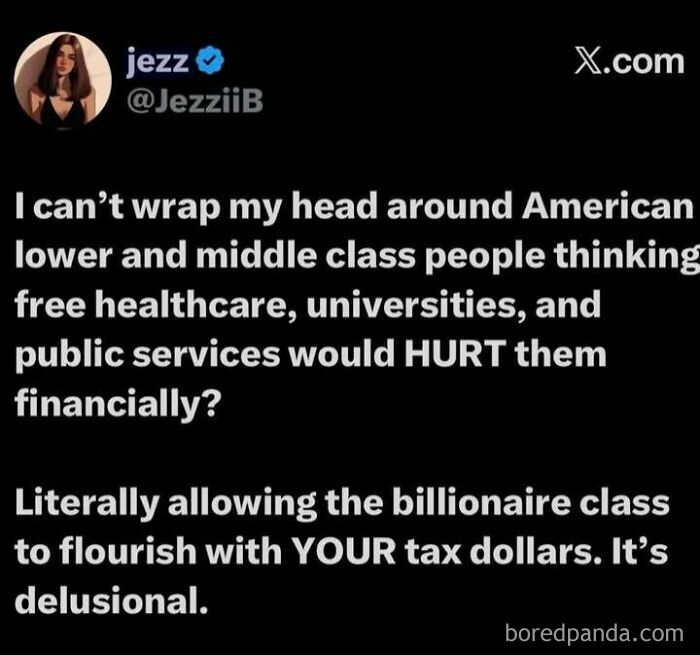 Tweet criticizing American lower and middle class opposing free services that hurt billionaires