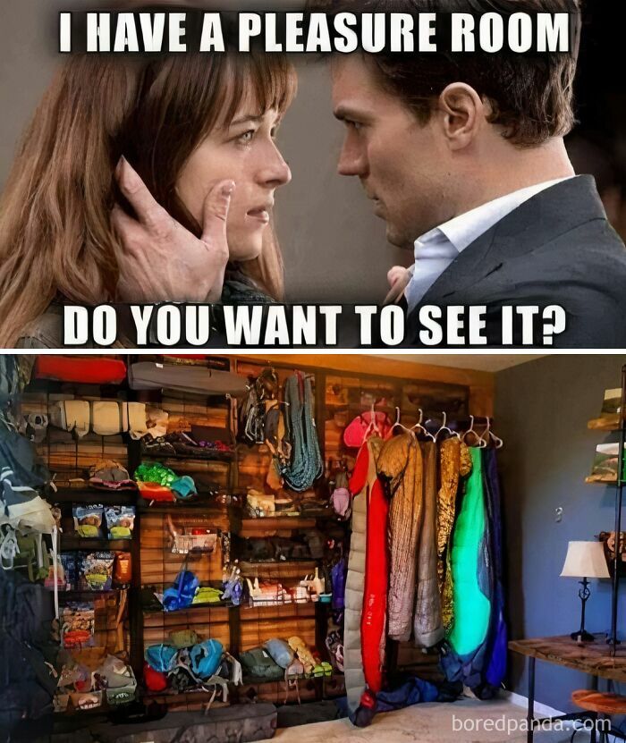 Couple and outdoor gear closet labeled as pleasure room for backpacking